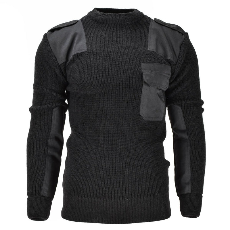 Mil-Tec black German Bundeswehr pullover sweater with reinforced elbows, shoulder pads, epaulets, and chest pocket design.