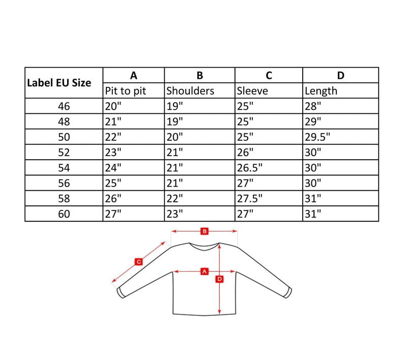 Size chart for Mil-Tec German pullover sweater showing measurements for chest, shoulders, sleeves, and length in inches.