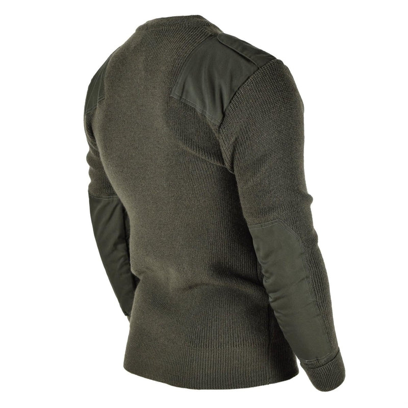 Mil-Tec German Bundeswehr style men's olive wool sweater with reinforced shoulders and elbow patches.