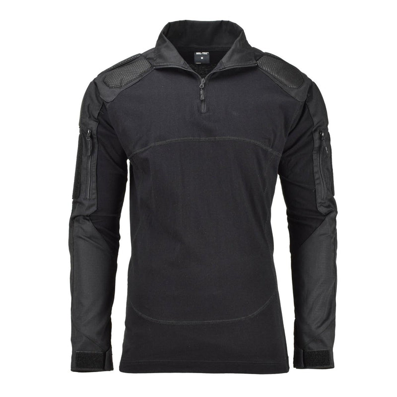 Mil-Tec black tactical combat shirt with padded elbows and shoulders, breathable, durable, and moisture-wicking fabric.