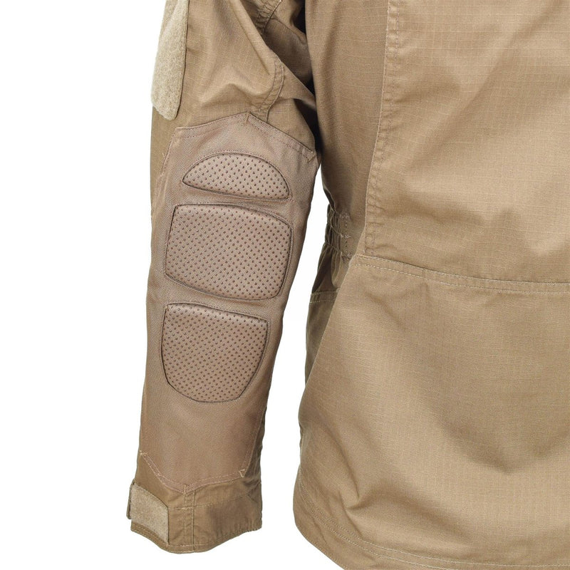 Close-up of the elbow and sleeve area on a Mil-Tec dark coyote brown military ripstop combat jacket.