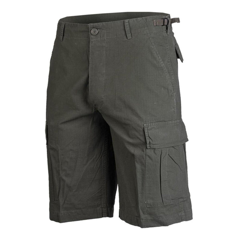 U.S. Army style olive drab prewashed ripstop Bermuda shorts with cargo pockets, lightweight and durable design