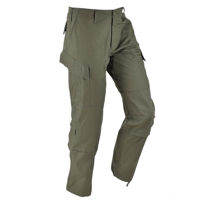 Mil-Tec olive green U.S. Army style cargo pants with ripstop fabric and multiple functional pockets for outdoor use.
