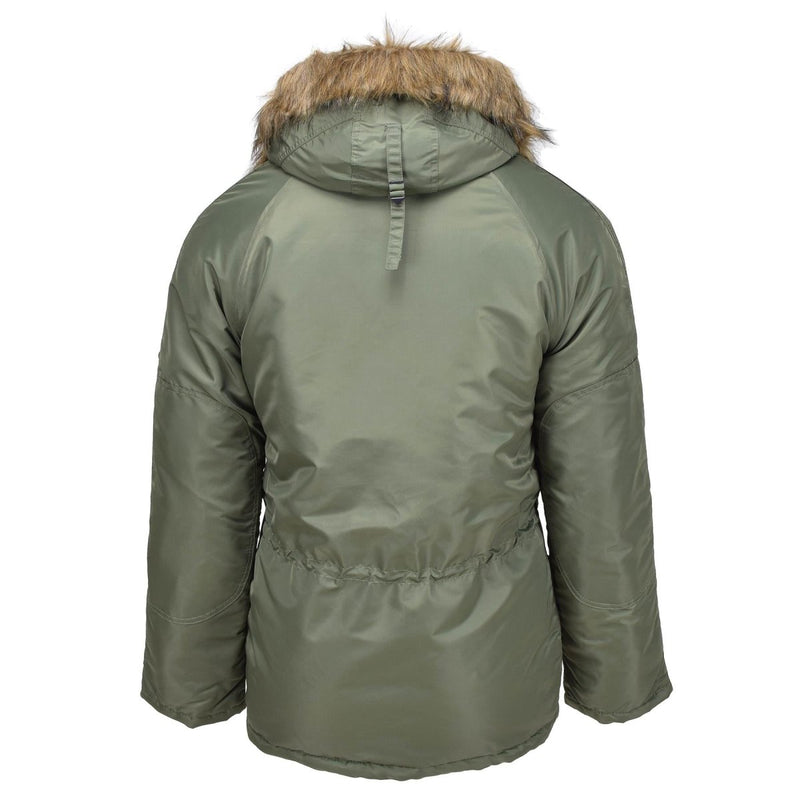 Back view of MIL-TEC olive green military style aviator parka with faux fur hood for cold weather protection