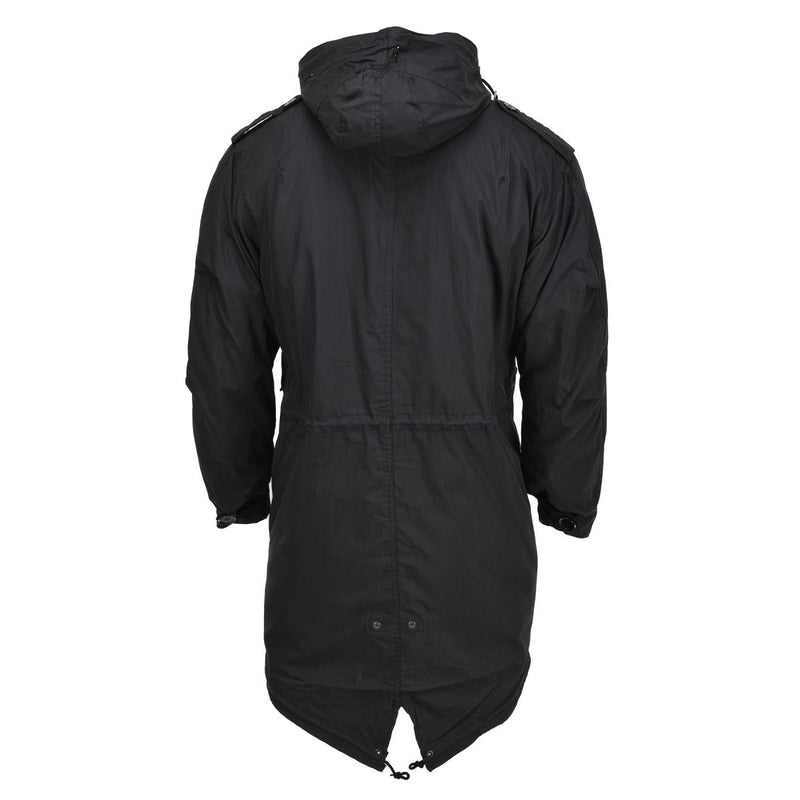 Back view of black MIL-TEC M51 military-style parka with hooded quilted liner and adjustable waist.