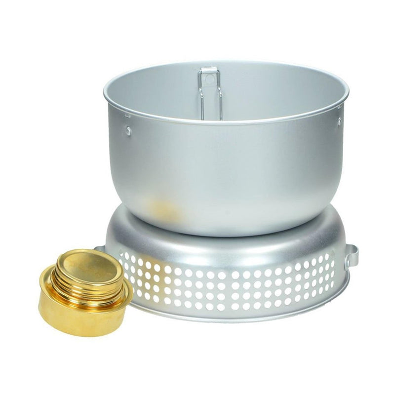 Aluminum pot and pan camping cookware set with a brass alcohol burner for outdoor cooking and camping stove use