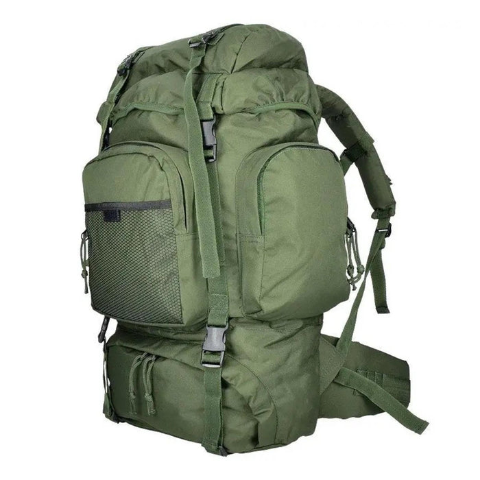 Grön MIL-TEC Commando vandringsryggsäck med flera fack och MOLLE webbing, 55 liter vattentät stor dagsäck.