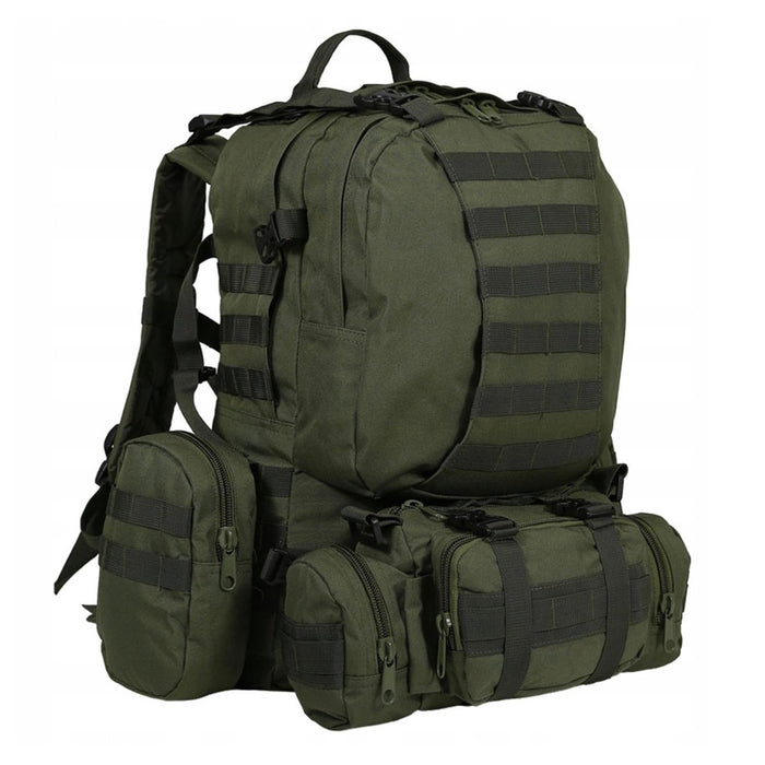Oliv taktisk ryggsäck i militärstil med flera löstagbara fickor och MOLLE-band för mångsidig användning utomhus