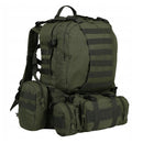 Olive military-style tactical backpack with multiple detachable pouches and MOLLE webbing for versatile outdoor use