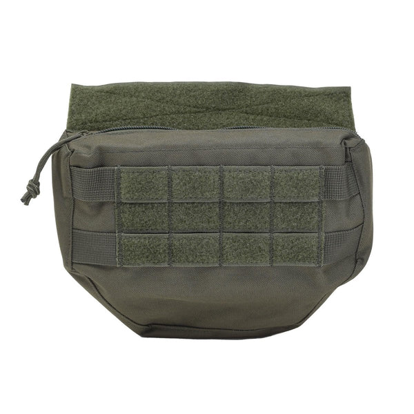 Compact olive green tactical MOLLE drop down pouch with hook and loop panels for versatile gear attachment.