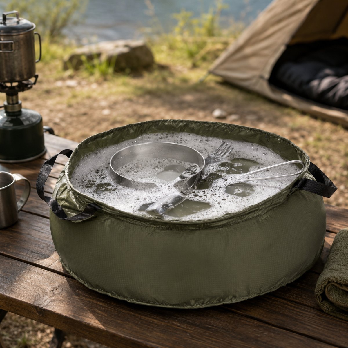 Mil-Tec hopfällbar nylonskål 10L OD Grön Camping Tvättställ Packbar