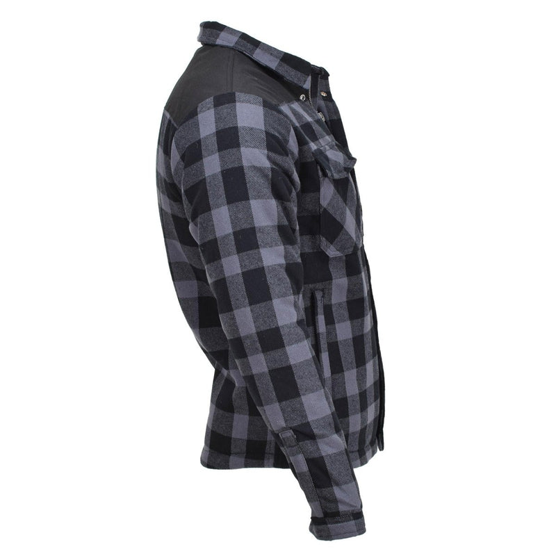 Side view of MIL-TEC German Military Lumberjack jacket in black and gray plaid, warm and durable for outdoor use