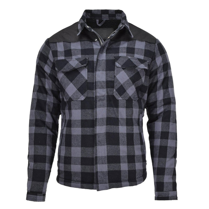 Svart och grå rutig rutig MIL-TEC German Military lumberjack jacka med fickor och kraftigt tyg för värme och hållbarhet.