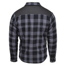 Back view of MIL-TEC German Military Lumberjack jacket in black and gray plaid checkered pattern