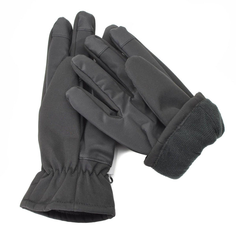Black Mil-Tec men's softshell gloves with Thinsulate lining, elastic cuffs, and textured grip for winter and tactical use.