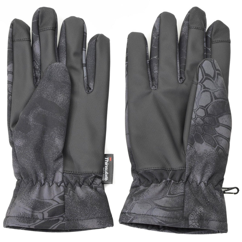 Men’s Mil-Tec softshell gloves in Mandra camo with 3M Thinsulate lining, reinforced palms, and anti-slip grip.