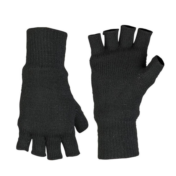 Svarta fingerlösa handskar med Thinsulate-foder, designade för värme och fingerfärdighet i kallt väder.