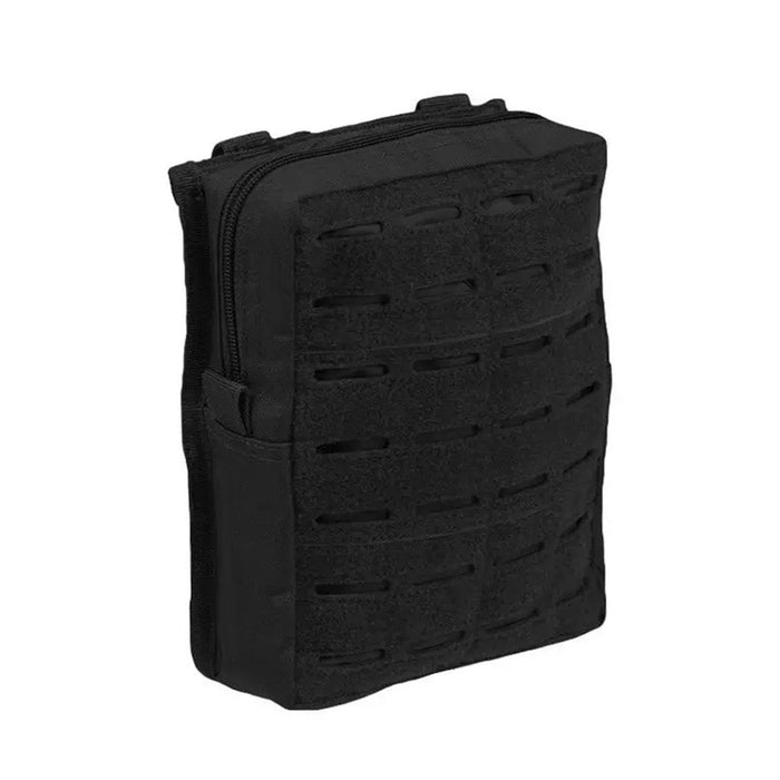 Stor svart MIL-TEC taktisk laserskuren bältespåse med MOLLE-kompatibilitet och slitstark dragkedja för förvaring av utrustning utomhus.