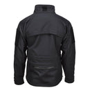 Back view of MIL-TEC black softshell windproof and water-resistant activewear jacket with vented back panel and zippered pockets.