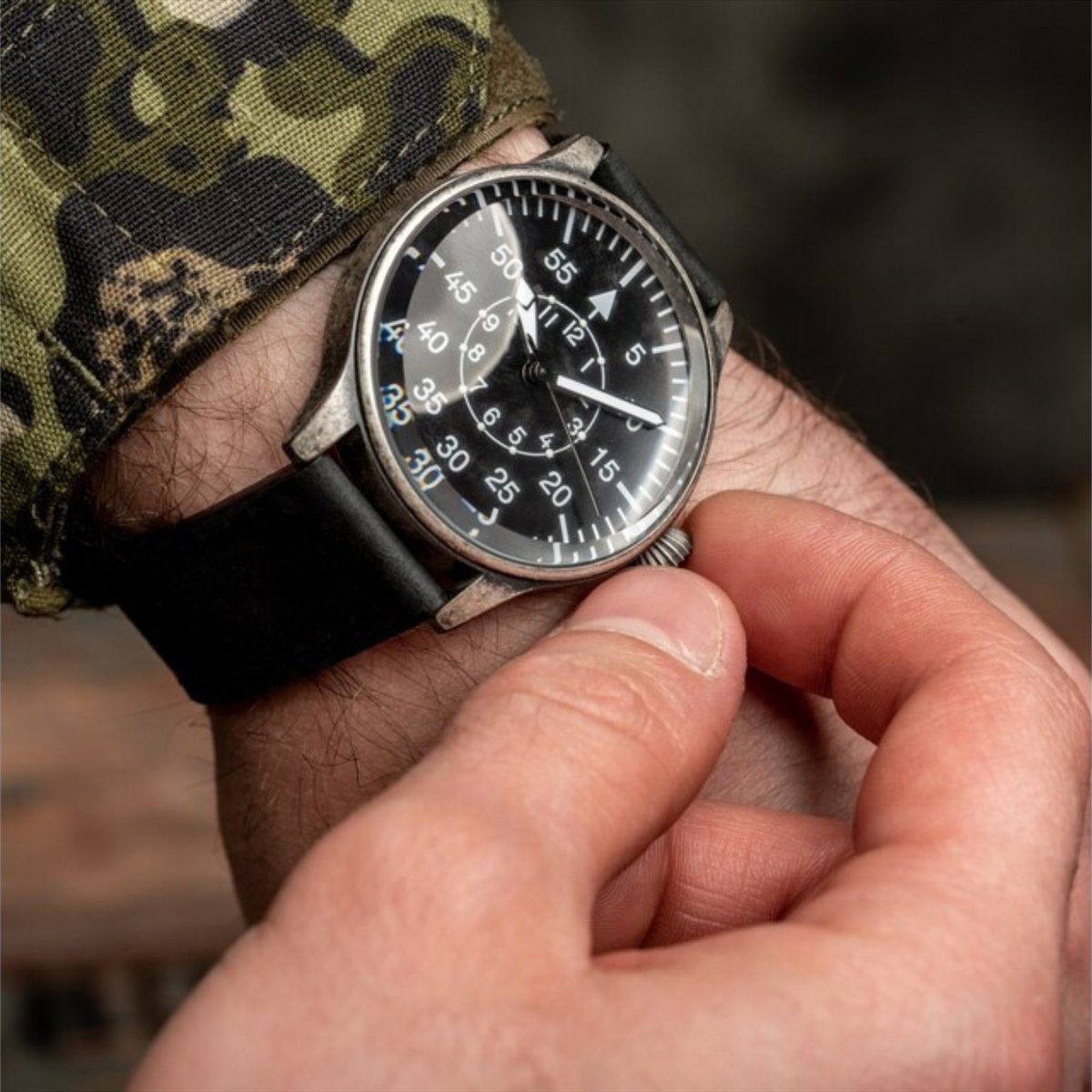 Mil-Tec Retro Pilot Watch Quartz Mekanism Natural Leather Armband Black