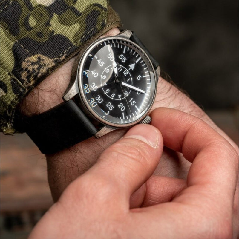 Mil-Tec Retro Pilot Watch Quartz Mekanism Natural Leather Armband Black