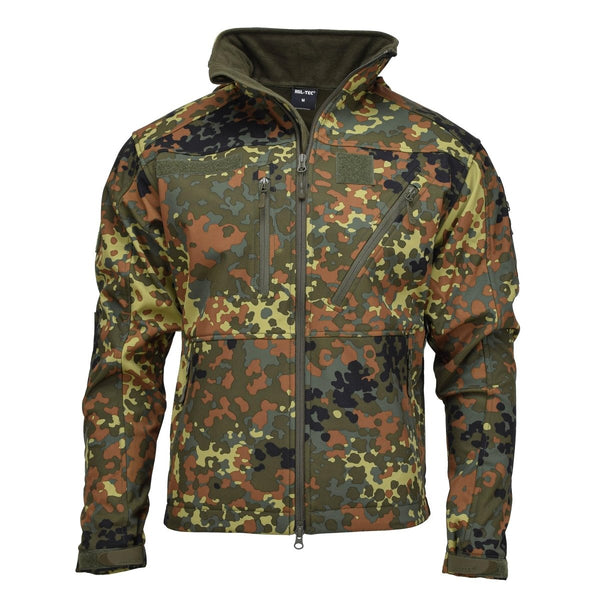 MIL-TEC softshell jacket in German Flecktarn camo with zippered pockets, reinforced elbows, and adjustable cuffs for outdoor use.