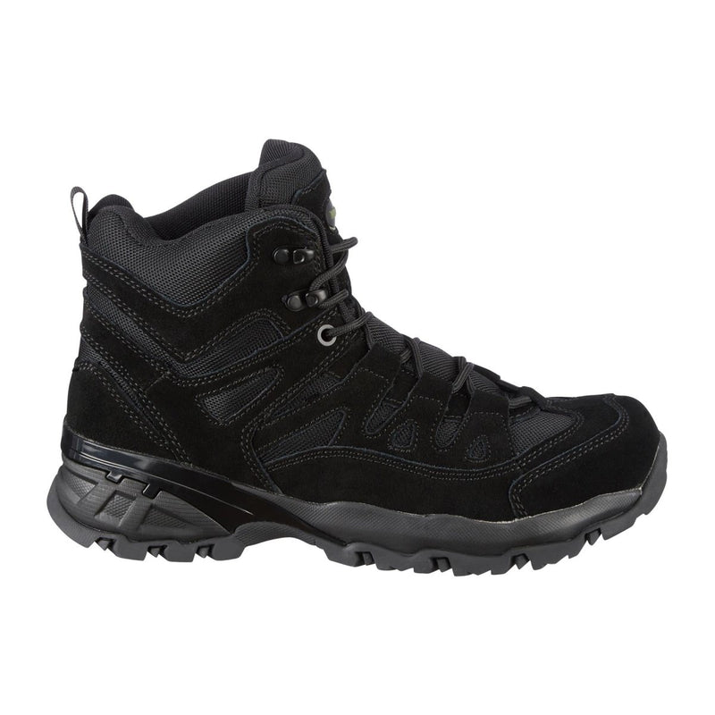Black MIL-TEC SQUAD mid-calf hiking boot with suede upper, round sole, ankle support, and reinforced toe cap.