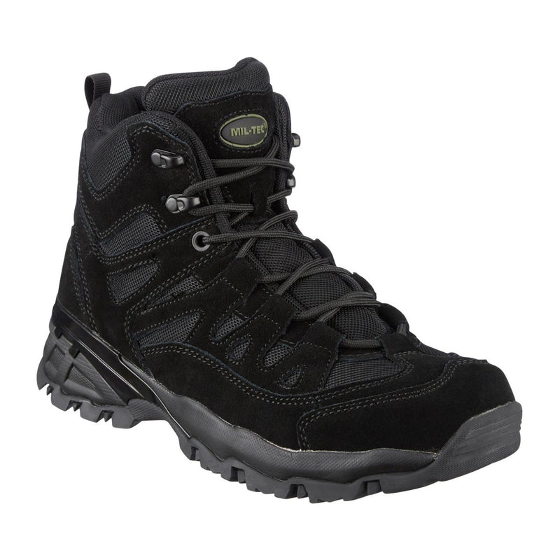 Black MIL-TEC SQUAD mid-calf suede hiking boot with round sole, reinforced toe, and secure laced design for outdoor use.