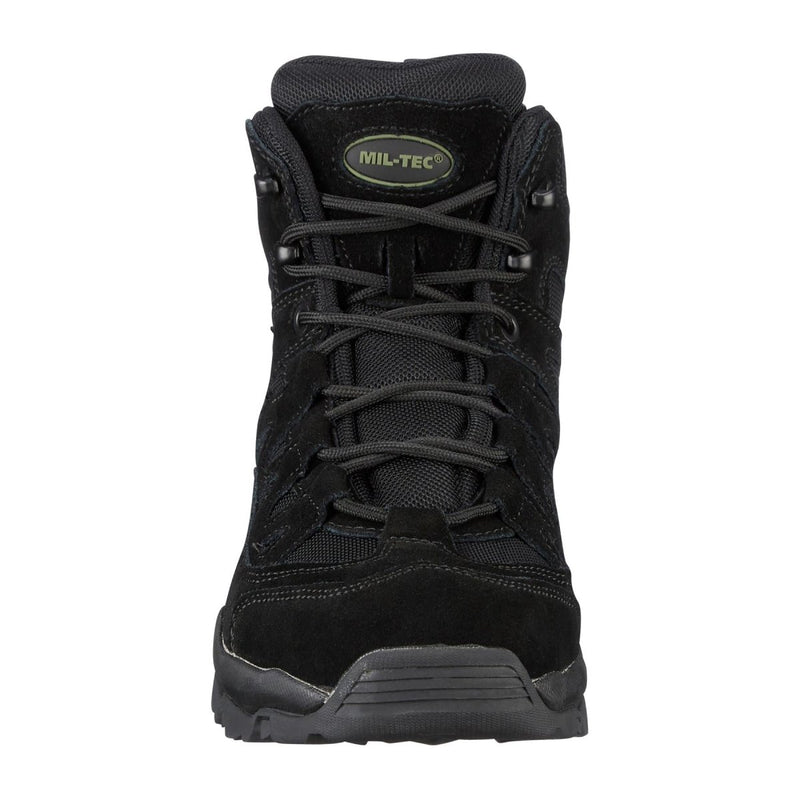 Front view of black MIL-TEC SQUAD mid-calf suede hiking boot with round sole and laced closure.