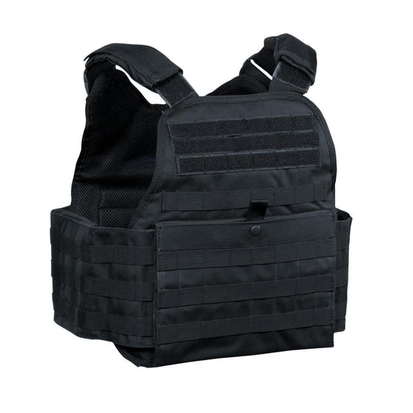 Black MIL-TEC tactical plate carrier vest with adjustable straps and MOLLE webbing for military or law enforcement use.