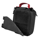 Compact black Mil-Tec tactical first aid kit pouch with MOLLE attachment and red carry handle for emergency medical supplies.