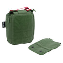 Olive green Mil-Tec tactical first aid kit pouch with MOLLE attachment and red zipper pull tab, open and closed views.