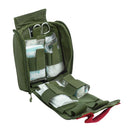 Open olive green Mil-Tec tactical first aid kit pouch with organized medical supplies inside