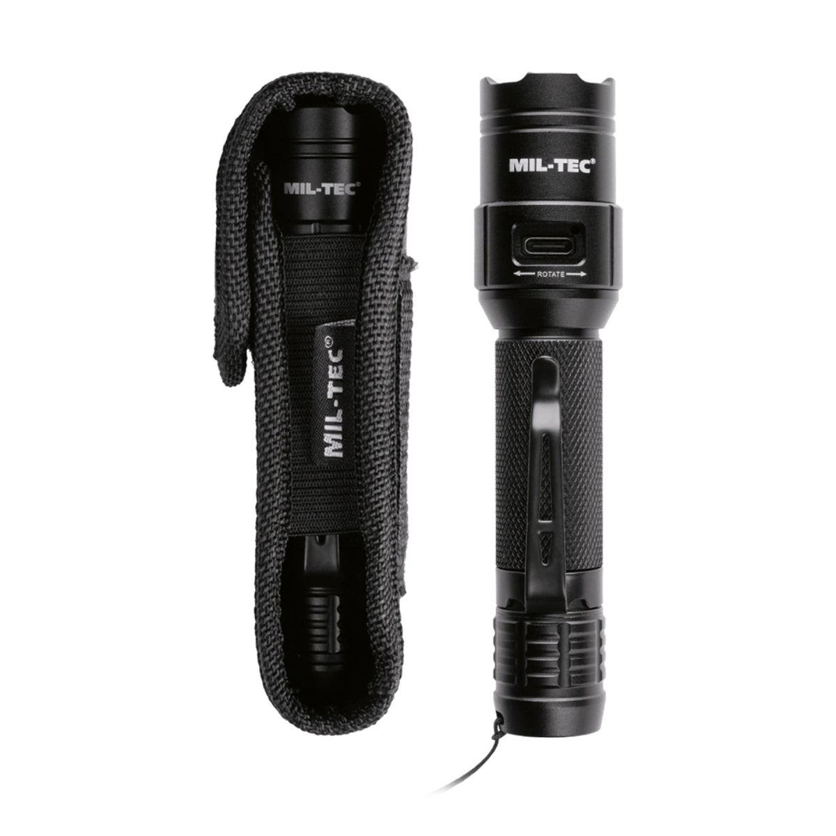MIL-TEC Tactical Ficklampa 450 Lumen USB-C Uppladdningsbar Tail Switch Cree
