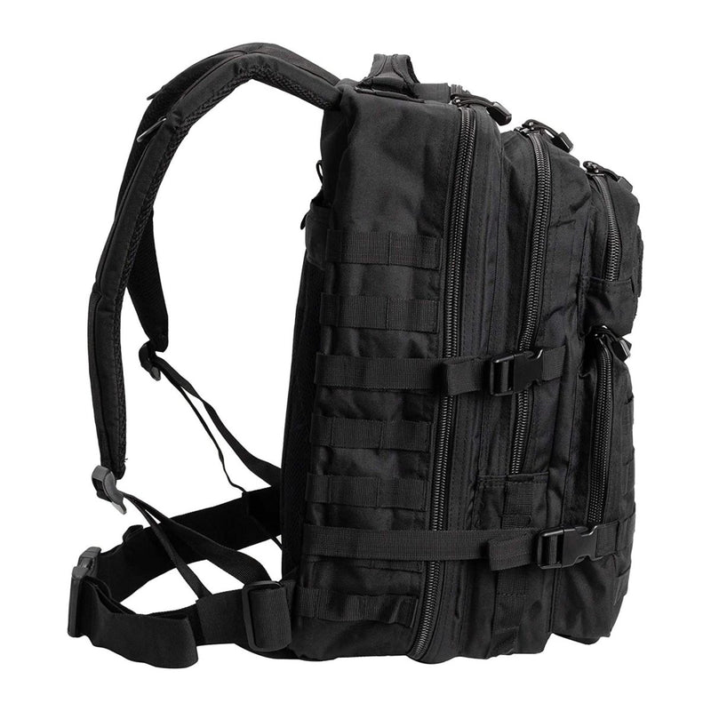 Black MIL-TEC U.S. Assault 36L tactical backpack with multiple compartments and padded straps for hiking and outdoor use.
