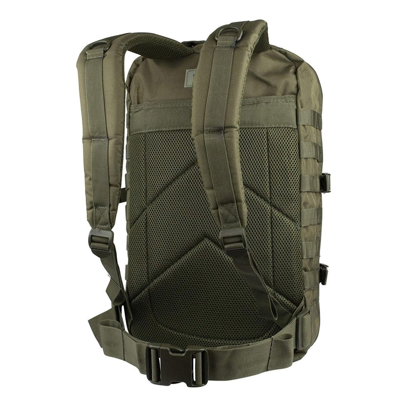 Back view of olive green MIL-TEC U.S. Assault 36L tactical backpack with padded straps and waist belt