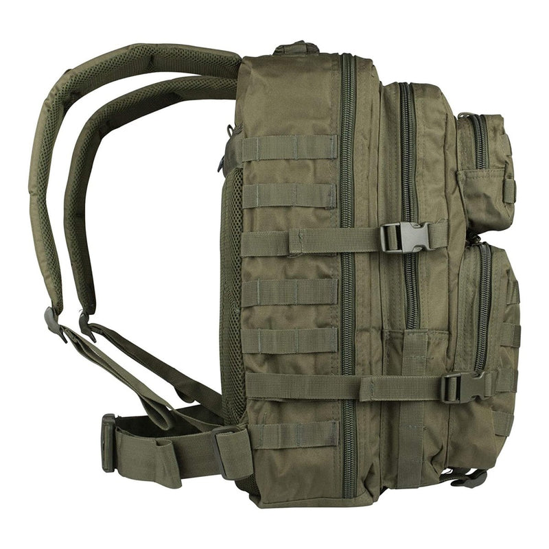 Olive green MIL-TEC 36L US Assault backpack with multiple compartments, MOLLE webbing, and padded straps for outdoor use.