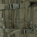 Close-up of olive green MIL-TEC U.S. Assault 36L backpack with zippers, buckles, and MOLLE webbing straps