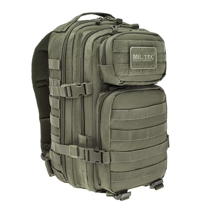 Olive MIL-TEC U.S. Assault-stil taktisk ryggsäck med flera fack och MOLLE-system, 20L kapacitet för vandring och utomhusbruk