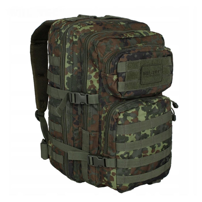 MIL-TEC U.S. Assault flecktarn 36L taktisk ryggsäck med flera fack och justerbara vadderade remmar för utomhusbruk