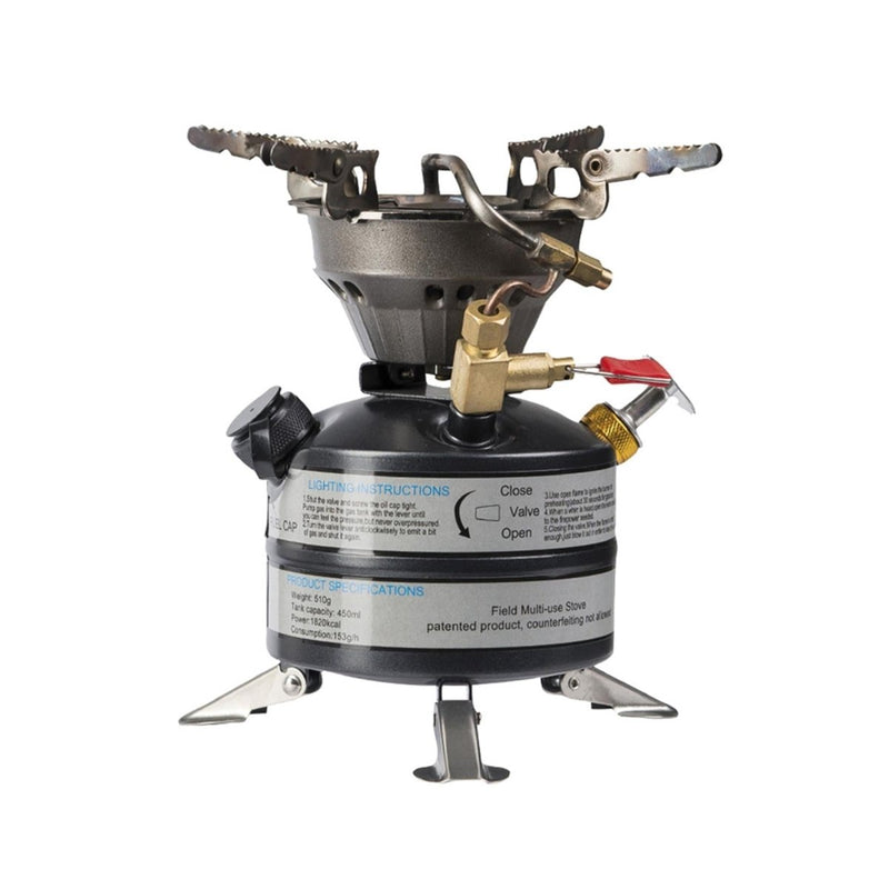 MIL-TEC U.S. military-style M-95 petrol camping stove with fold-out feet and integrated 450ml fuel tank.