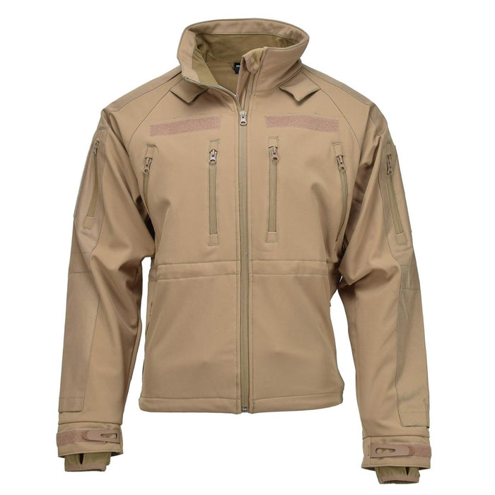 MIL-TEC coyote softshell vandringsjacka med stormsäkra dragkedjor, fleecefoder och justerbara muddar för utomhusbruk