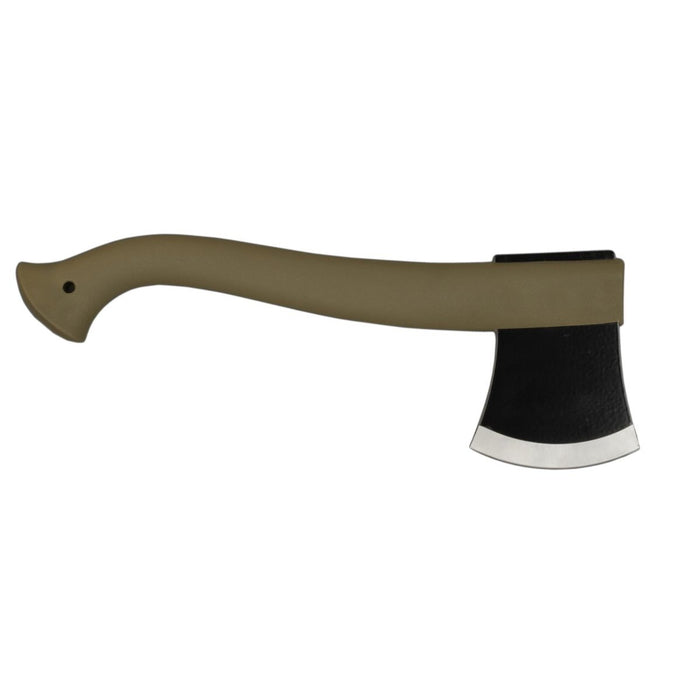 Lätt MORAKNIV-yxa med ergonomiskt handtag, blad av borstål, svart ED-beläggning och läderkantslida för utomhusbruk.