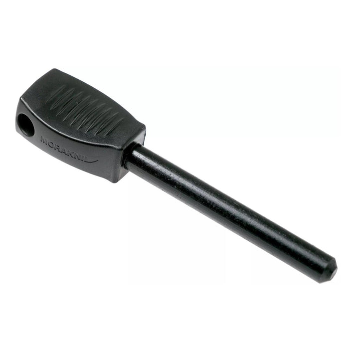 MORAKNIV lättviktsbrandstartare i stål i svart med texturerat handtag för enkelt grepp, idealisk för camping och utomhusbruk.