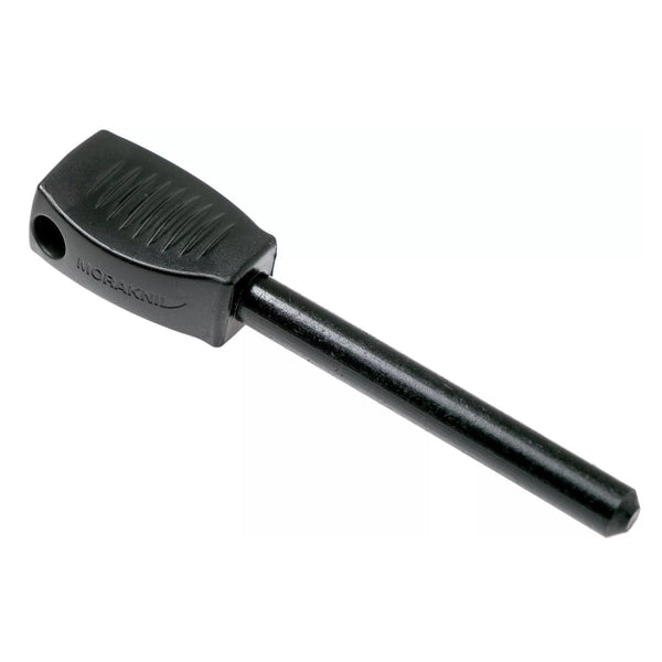 MORAKNIV lightweight steel fire starter in black with textured handle for easy grip, ideal for camping and outdoor use.