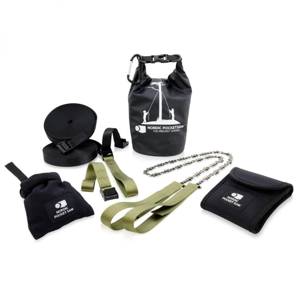 Nordic Pocket Saw camping hand chain saw kit with nylon case, straps, and durable heat-treated steel chain for outdoor use.