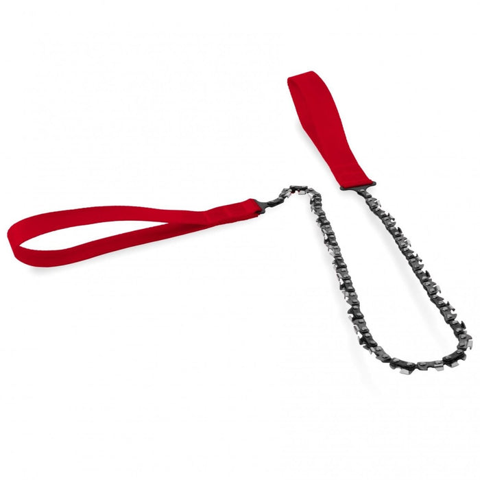 Kompakt nordisk ficksåg med slitstark värmebehandlad stålkedja och röda nylonhandtag för portabel vedkapning utomhus.