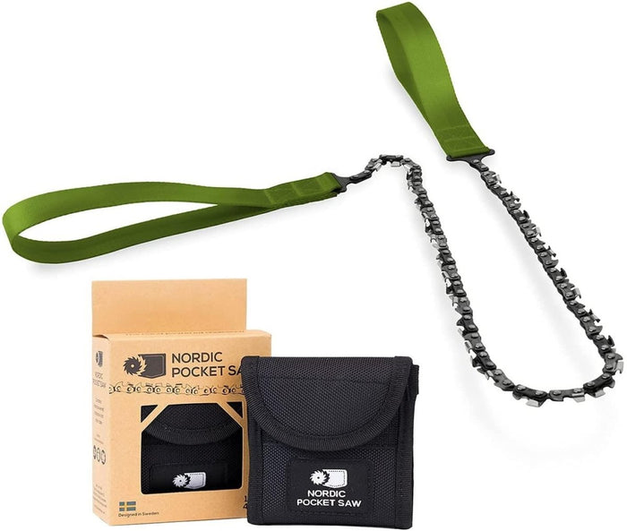 Kompakt Nordic Pocket Saw handmotorsåg med gröna nylonhandtag och svart väska med förpackningslåda
