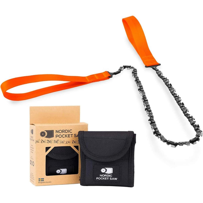 Bärbar nordisk ficksåg med orange handtag, högkolstålkedja och svart nylonfodral för vandring och överlevnadsuppgifter