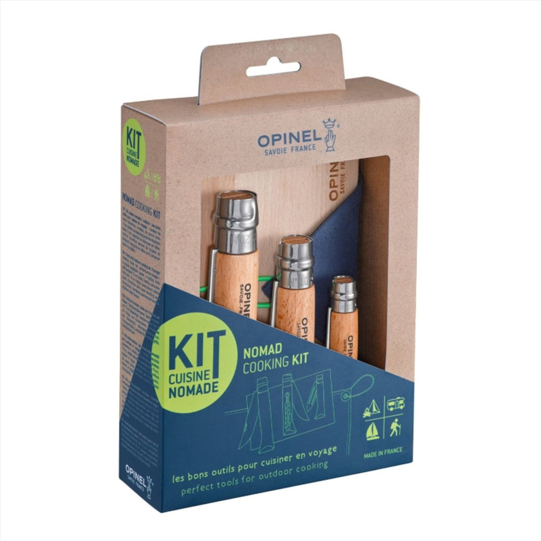 Opinel Nomand Cooking Set Outdoor 5-delad Kniv Board Handduk Rese Kit Blå